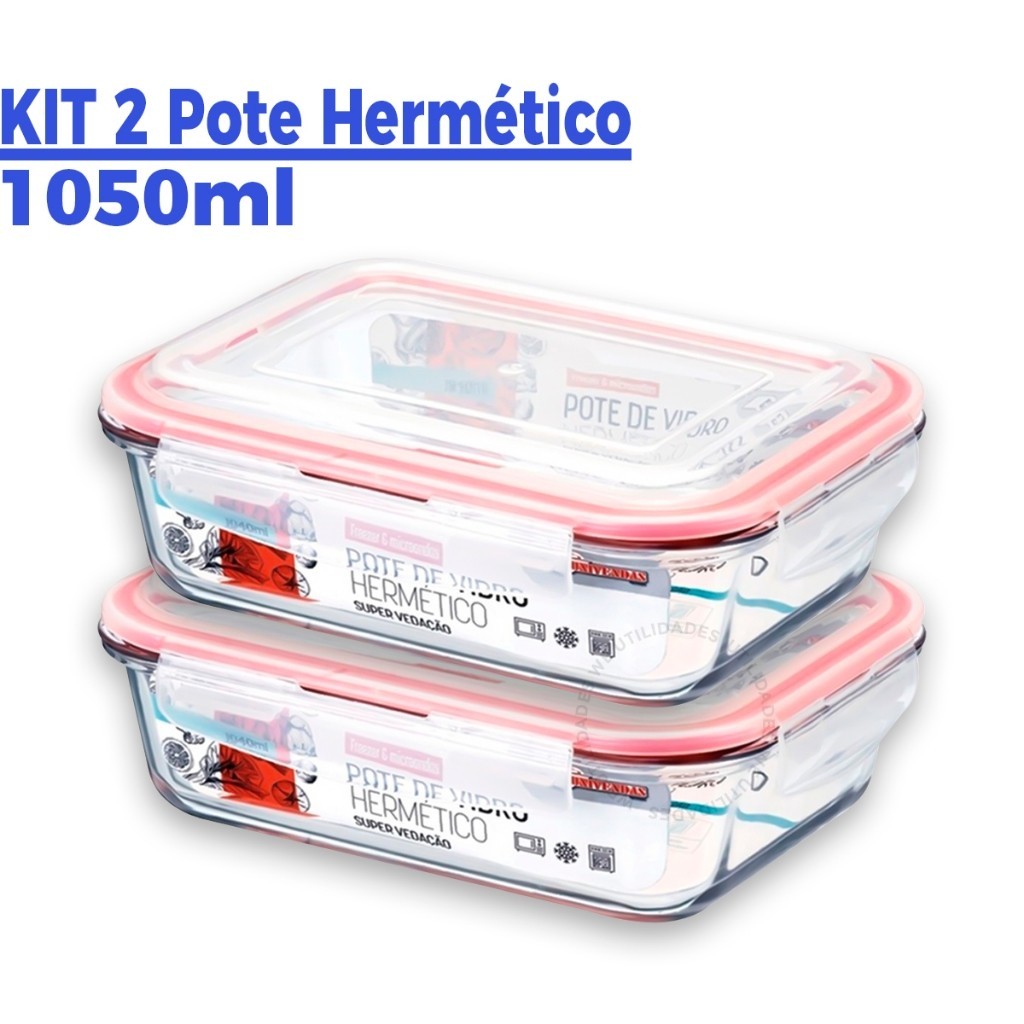 Kit 2 Potes de Vidro Hermético Mantimentos Marmita 1050ml