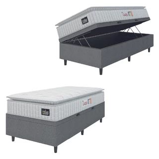 Cama Box Baú Colchão Solteiro Espuma D45 Lazio Pillow Top 88x188x70cm Branco / Cinza Hellen - Suporta até 120kg por Pessoa