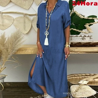 Vestido plus size feminino cor sólida decote em V jeans vestido longo soltinho