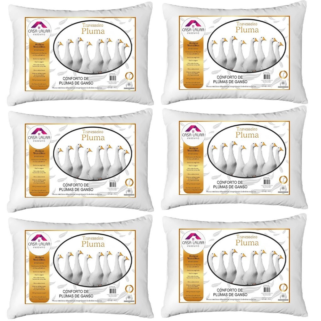 Kit 6 Travesseiro Pluma de Ganso Descanso Antiacaro 70x50cm Luxo