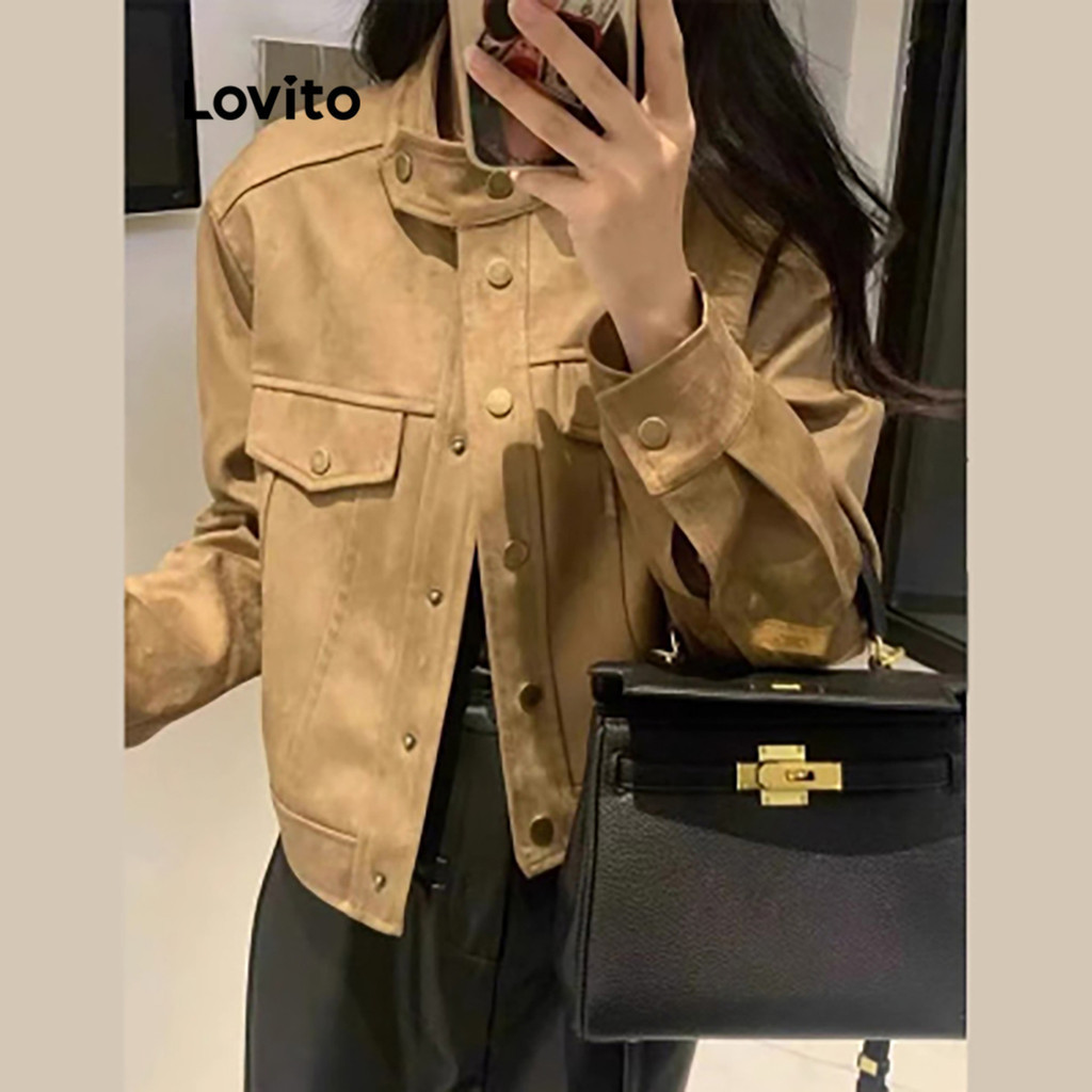 Lovito Jaqueta Casual Simples Com Bolso Falso E Botão Frontal Para Mulheres LNE40076