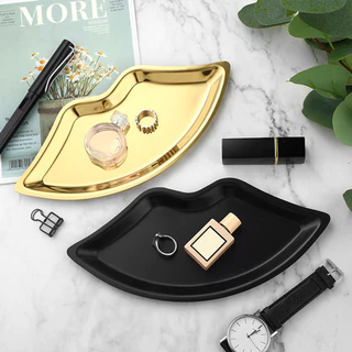 Pulseira Organizador De Jóias Em Aço Inoxidável Bandeja Forma De Lábio Cosméticos Ornamento De Mesa