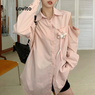 Lovito Blusa Removível Casual Com Botão Liso Drapeado Com Flores Tridimensionais Para Mulheres L76AD023