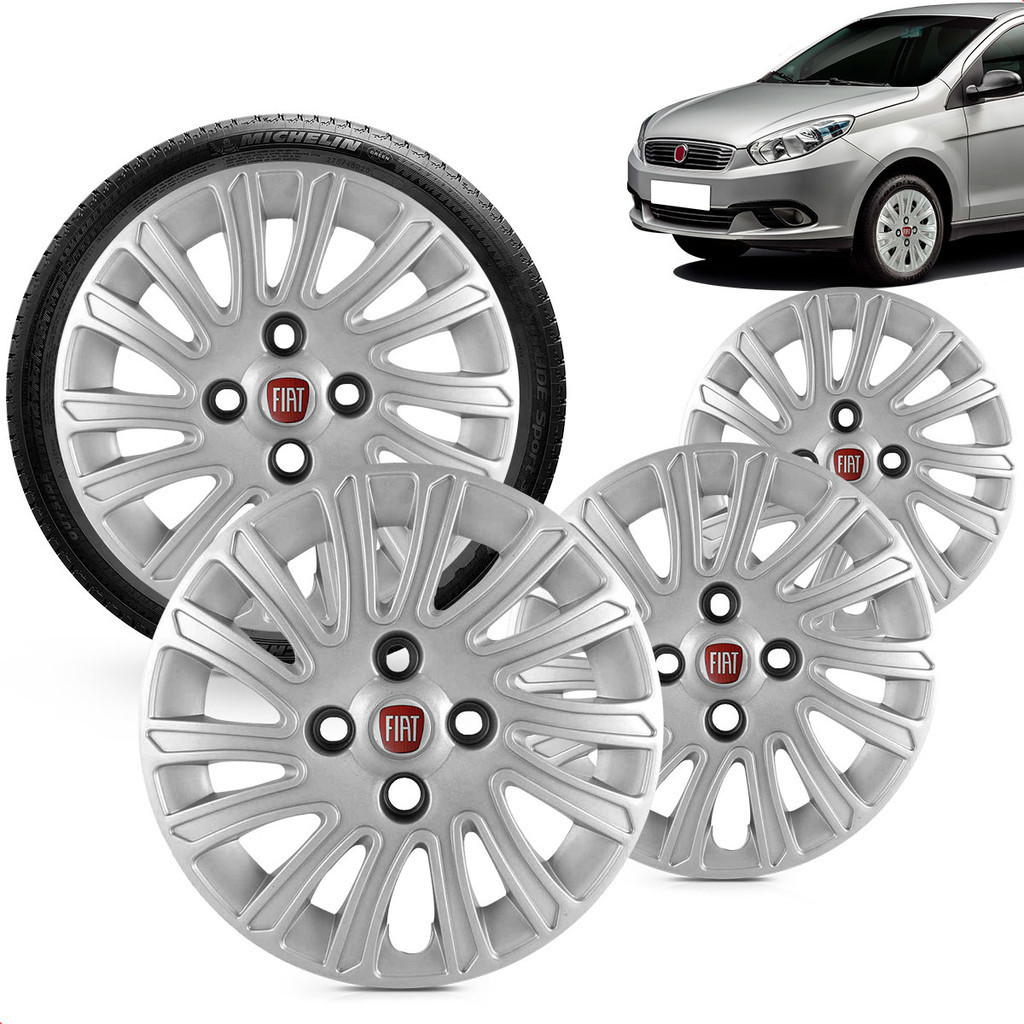 Kit 4 Calotas Grand Siena 2012 2013 Aro 13 Prata Cubo Baixo Grid ...
