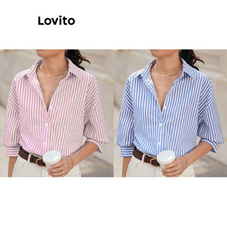 Lovito Blusa de Algodão com Botões de Listras e Colarinho para Mulheres L59ED052 (Multicolorido)