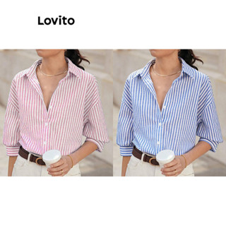 Lovito Blusa de Algodão com Botões de Listras e Colarinho para Mulheres L59ED052 (Multicolorido)