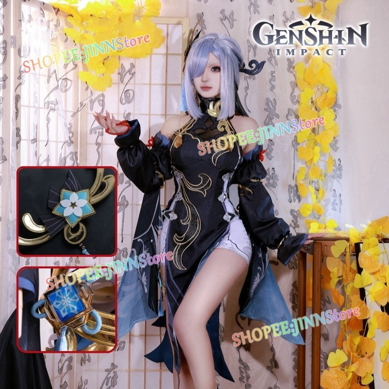 JINN-GENSHIN Nova Roupa SHENHE Cosplay Lanterna Rite FROSTFLOWER DEW  Conjunto De Acessórios De Fantasia De Carnaval De Festa XS-3XL