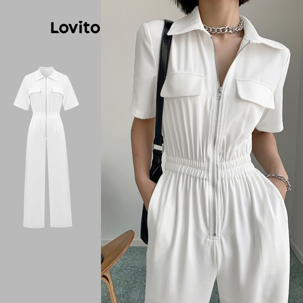 Lovito Casual Macacão com Bolso e Zíper para Mulheres L80ED339