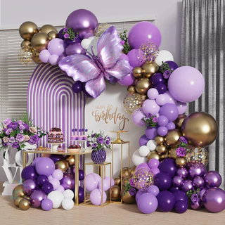 123 Pçs Roxo Borboleta Balão Guirlanda Luz Roxo Metálico Ouro Balão Arco para Decoração de Aniversário de Casamento
