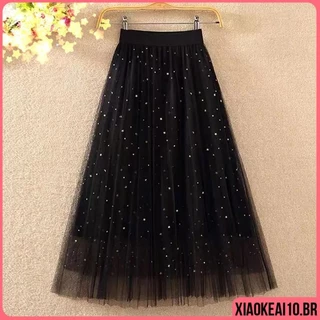 UY4M Brilhante Saia de Tule Moda Feminina Confortável Adulto Saia Outskirt Lered Elegante Nova Midi Saia De Tule Para A Primavera E O Verão Preto