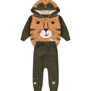 Conjunto Bebê Moletom Menino Com Capuz - Tigre - Marrom e Verde