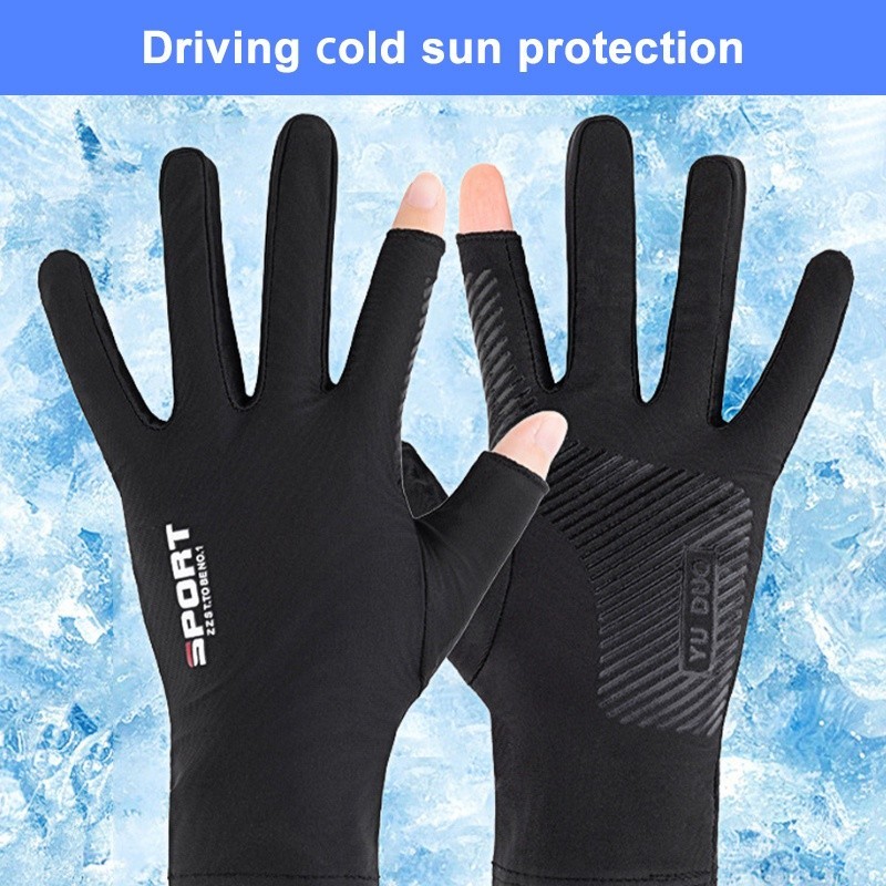 Luvas De Motocicleta Ciclismo Ice Silk Non-Slip Touch Screen Dew Dois Dedos Anti-Uv Fitness Outdoor Half Finger