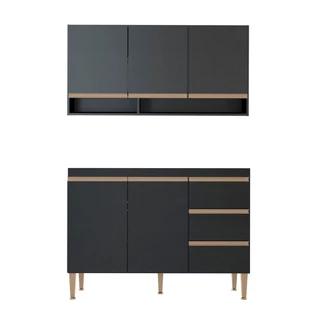 Kit Balcão Pia para Cozinha com Armário Aéreo 120x52cm Preto