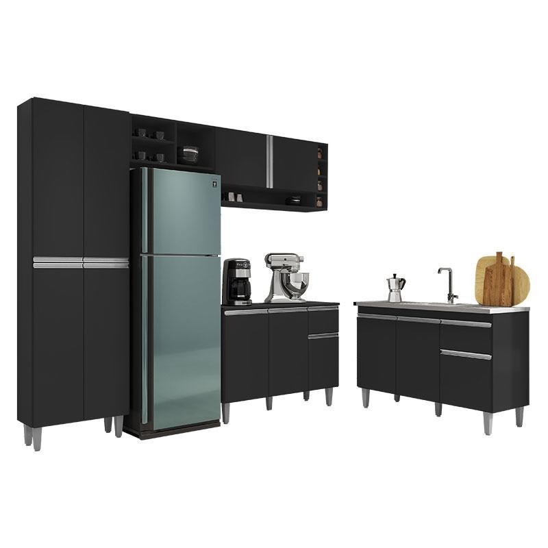 Cozinha Vanessa e Balcão de Pia Tatiane 120 cm Preto Fosco - AJL