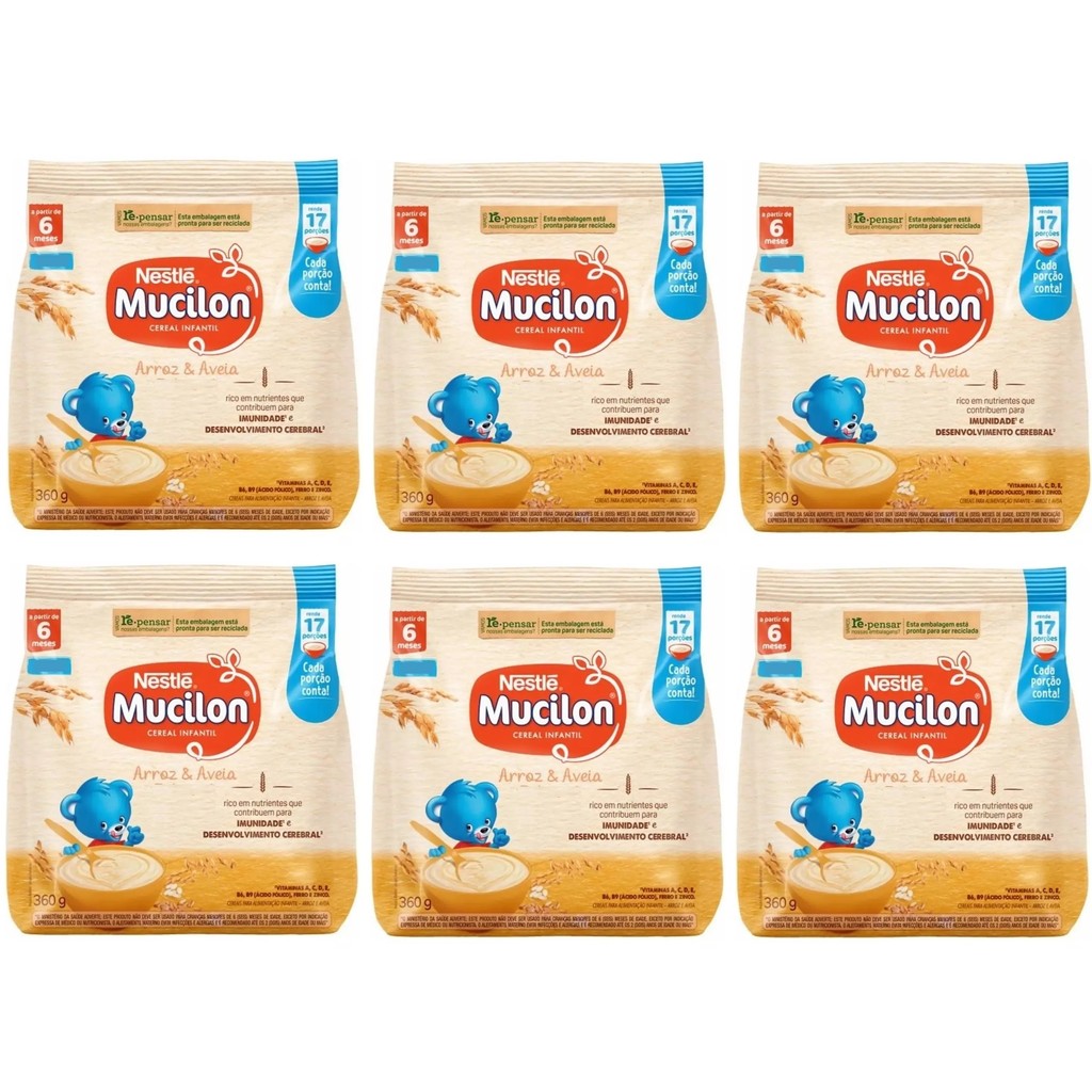 Kit c/6 Cereal Infantil Mucilon Arroz e Aveia 360g Nestlé | Shopee Brasil
