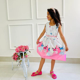 Vestido Infantil Menina Barrado Borboletas Cinto Rosa Jardim Encantado Princesa Festa Casual