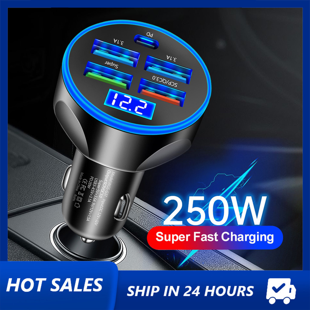 Carregador De Carro De 250W super Rápido De Carga multi-Portas Com display digital 5 Voltagem Um A Cinco Carros