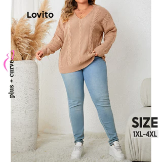 Lovito Suéteres femininos plus size curvos casuais de malha lisa torção plus size LNL51190