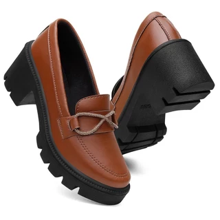 Mocassim Salto Tratorado Brilho Estilo Oxford Caramelo Numeração 34 Ao 42