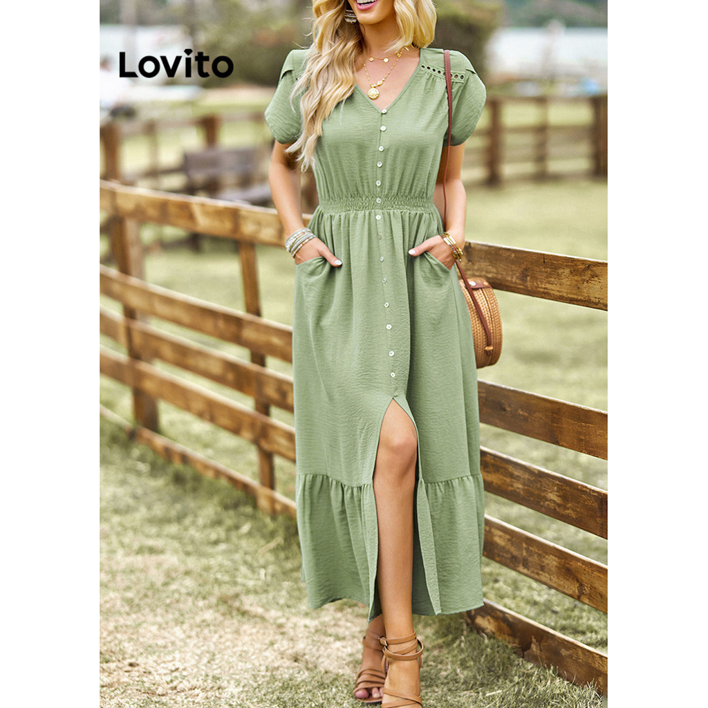 Lovito Vestido Casual Liso Com Frente Dividida Para Mulheres LNL34040 (Verde Preto)