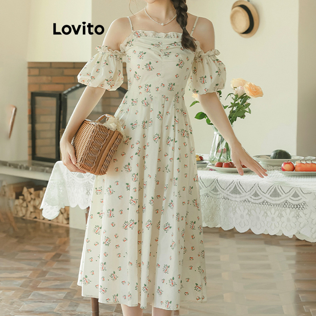 Lovito Vestido Casual Ditsy Floral Drapeado Com Acabamento Em Alface Para Mulheres L76AD193