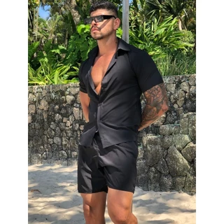 Conjunto Camisa e Short Florido Havaiano Liso Adulto Masculino Tecido de Viscose com elastano