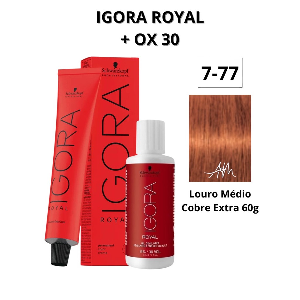 Kit Coloração Igora Royal 7-77 Louro Médio Cobre Extra 60g + Ox Igora ...