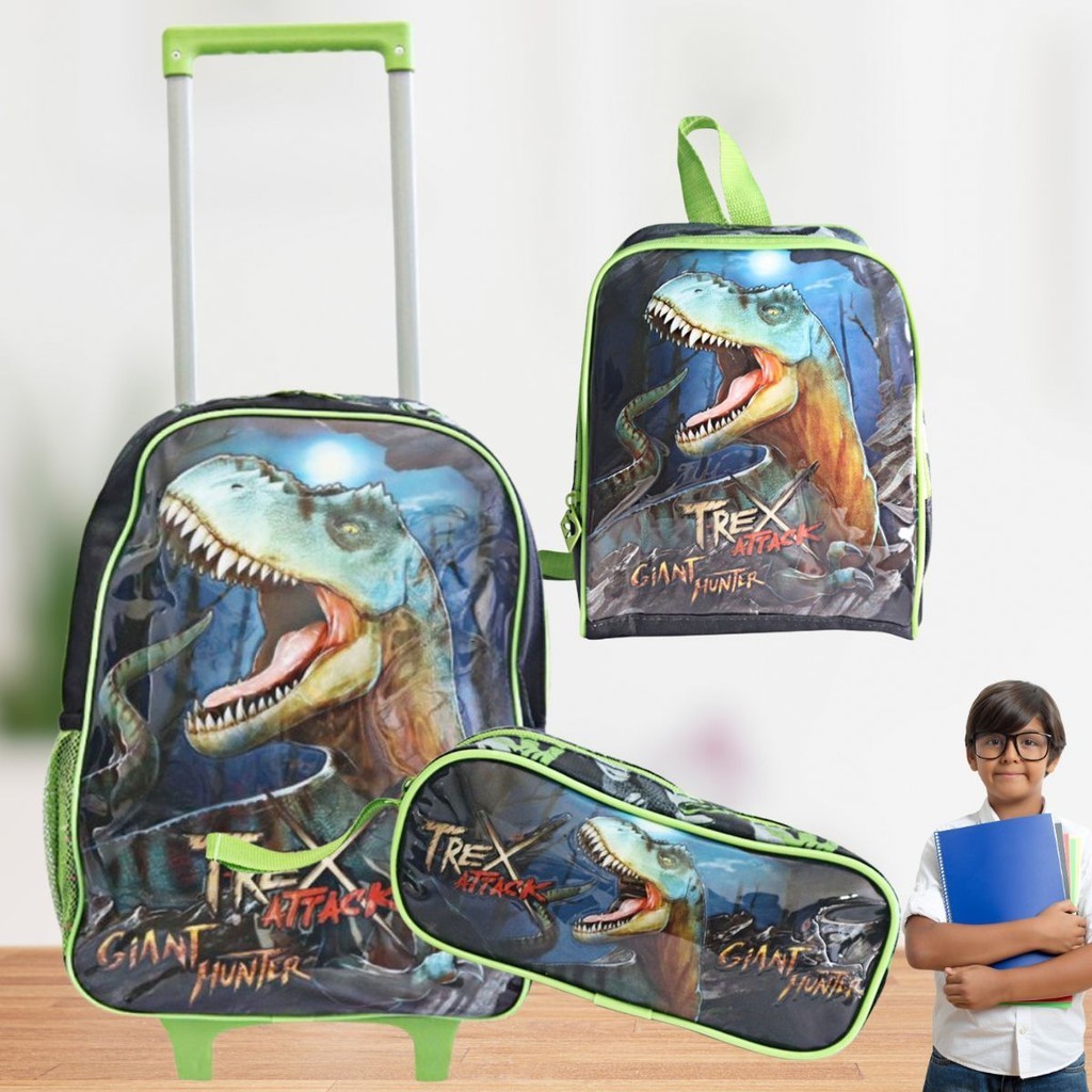 Mochila Escolar de Rodinhas Infantil Dinossauro T-Rex Menino Com Lancheira e Estojo