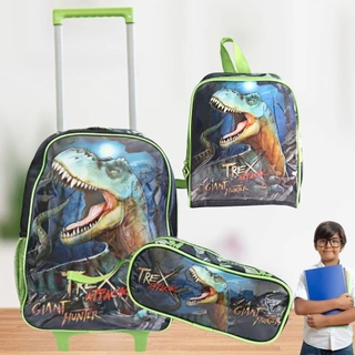 Mochila Escolar de Rodinhas Infantil Dinossauro T-Rex Menino Com Lancheira e Estojo