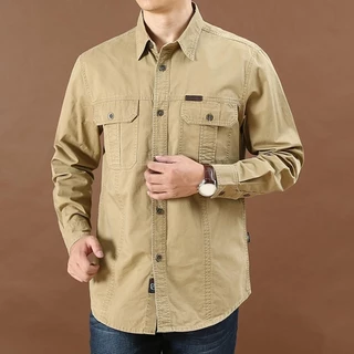Casual Militar Camisa De Bolso Grande Solta Para Homens Moda Social Sólida Manga Longa Primavera Outono