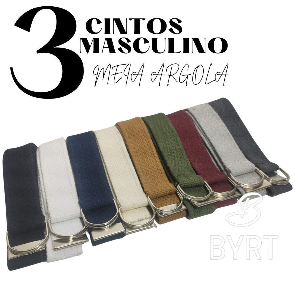 3 Cintos Masculino Lona Fivela Meia Argola Unissex 120cm