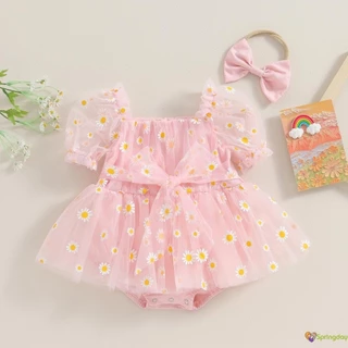Baby Girls 2Pcs Roupas De Verão Para Bebês Meninas 2Pcs Manga Curta Puff Daisy Print Romper Com Conjunto De Fita De Cabeça