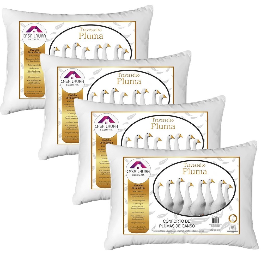 Kit 4 Travesseiros Penas e Plumas de Ganso Macio Branco Para CamaConfortável
