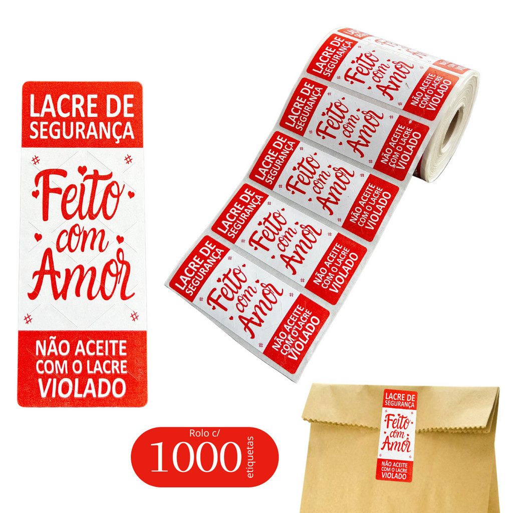 1000 Lacres de Segurança Adesivo Delivery 9x3,5 cm - Etiqueta Adesiva "Feito com Amor" - Ifood, 99 Food, Rappi Inviolável Para Comida Lanches Hamburgers Pizza Salgados Sushi
