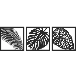 Quadro Decorativo Vazado Trio Folhas MDF 3mm Preto Fosco