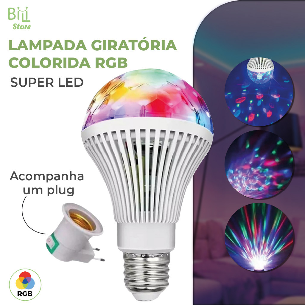 Lâmpada Giratória Colorida Led Bola Maluca Rgb + Adaptador Tomada para Festas Baladas | Novo Modelo