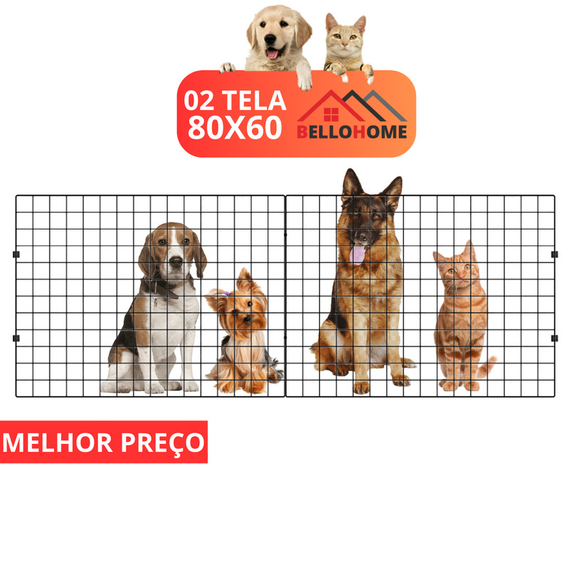 Portão Pet Grade De Cachorro Cercado Tela 2 Módulos De 60x80