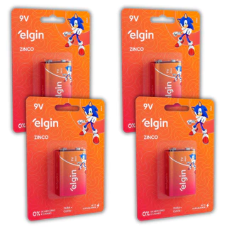 04 Pilha Bateria 9v Zinco Elgin 4 Cartela com 1 Para Brinquedo, Radio, Sensor, Violão