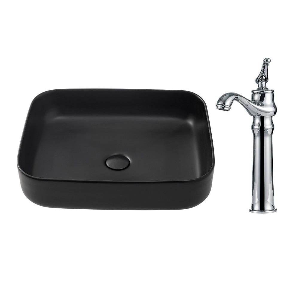 Cuba para Banheiro Slim Cerâmica Fluorita e Torneira Misturador Monocomando Retrô Alta Acari Pingoo - Preto e Prata