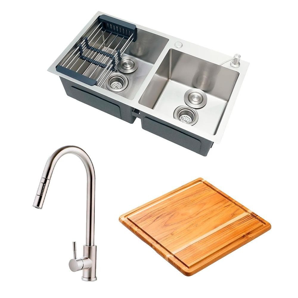 Cuba para Cozinha com Tábua de Corte Awá e Torneira Misturador Monocomando em Aço Inox Iriri Pingoo - Prata
