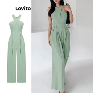 Lovito Elegante Macacão Feminino Liso Plissado Transpassado L80ED471