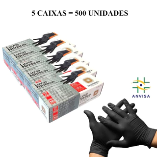 Luva Nitrilica Preta Descartável Sem Pó 5 Caixas 500 Unidades Nitrílo BARBEIRO TATUAGEM SALÃO