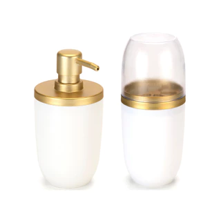 Kit Lavabo Dispenser Sabonete Líquido + Porta Escovas e Pasta de Dente Banheiro Branco Dourado Arthi