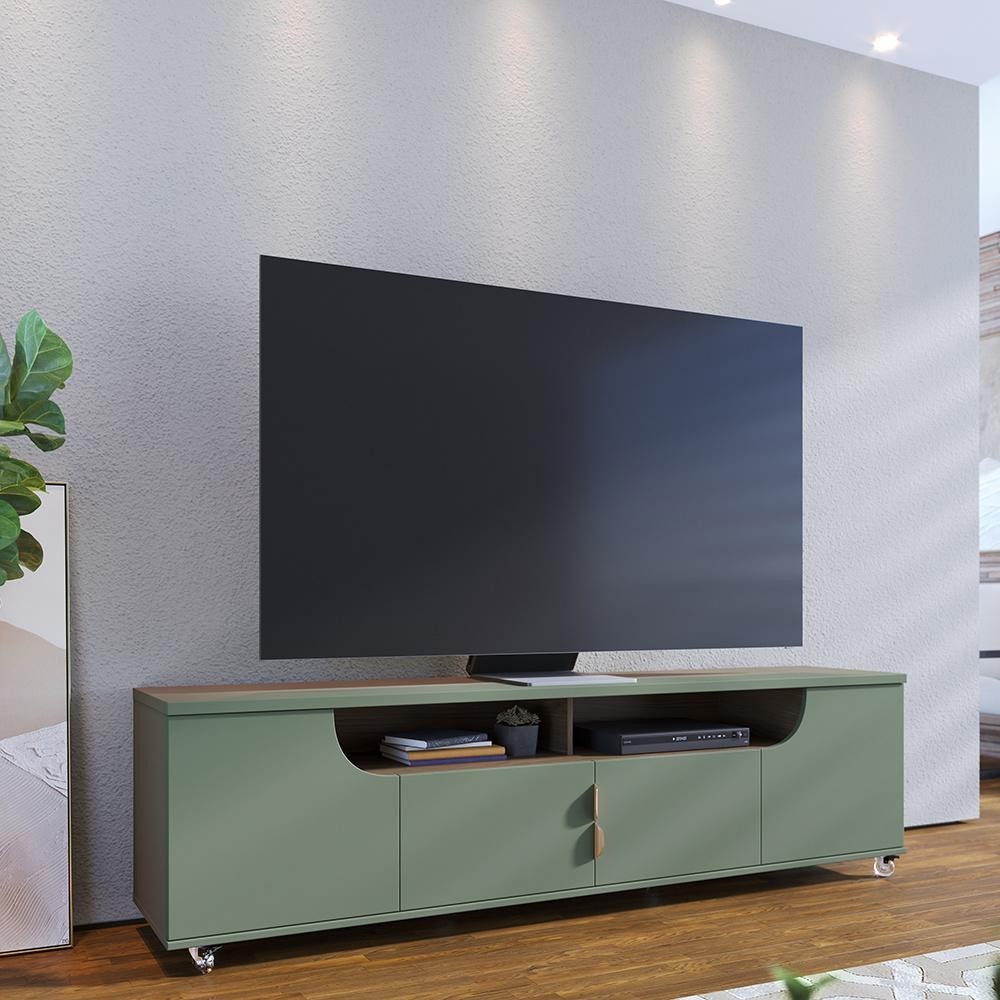 Bancada Tv de 75 Polegadas 4 Portas Karol 200cm Verde Pistache/Amêndoa ...
