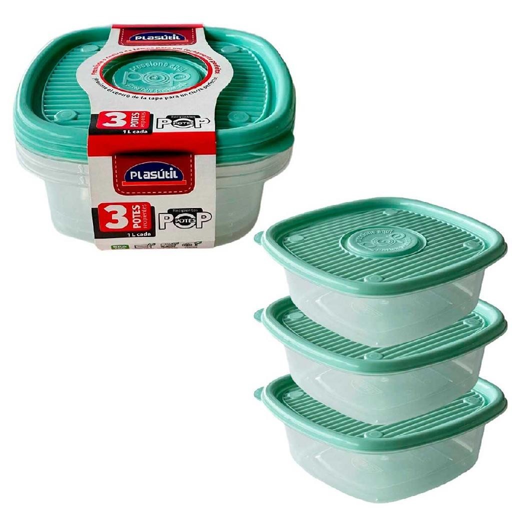 Kit com 3 potes 1 Litro tampa verde água vasilha marmita comida ...