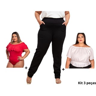Calça Social De Malha Gorgurão Feminina Plus Size E Blusa Cropped Tecido Duna Ombro A Ombro E Body Suplex Ciganinha