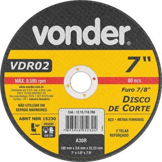 Disco de corte para metal 180 x 3,0 x 22,23 mm - VDR02 - Vonder