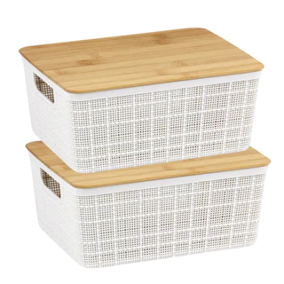 Kit 2 Caixas Cesto Organizador 12 Litros Com Tampa de Bambu Grande Multiuso
