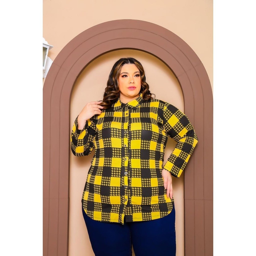 CAMISA XADREZ AMARELA FEMININA PLUS SIZE