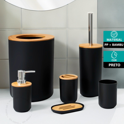 Kit De Banheiro Lixeira Saboneteira Moderno C/ Bambu 6 Peças